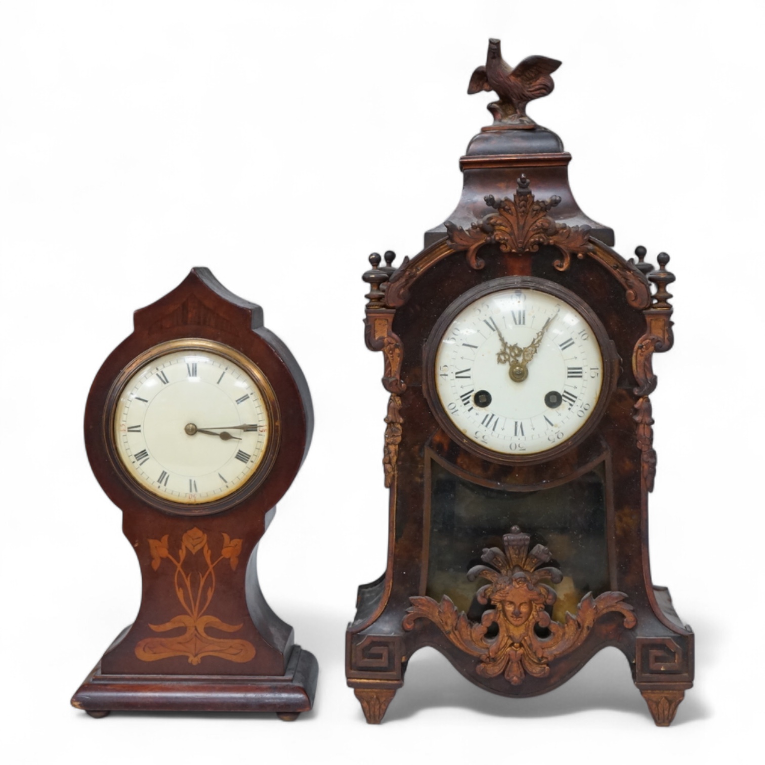 Two mantel clocks with French movements, circa 1900 to include an Art Nouveau inlaid example, largest 39cm high